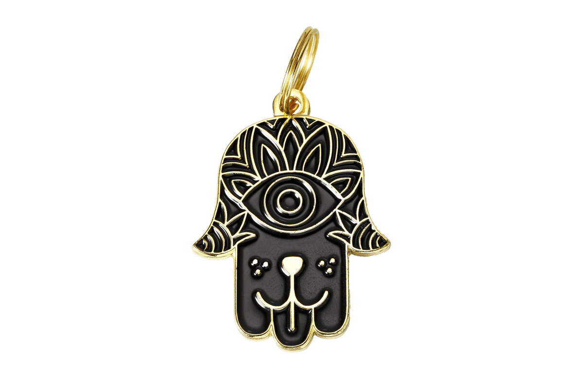 Black Dog Hamsa Enamel Charm / ID Tag (Free Custom Engraving)