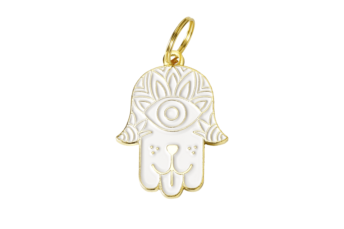 White Dog Hamsa Enamel Charm / ID Tag (Free Custom Engraving)