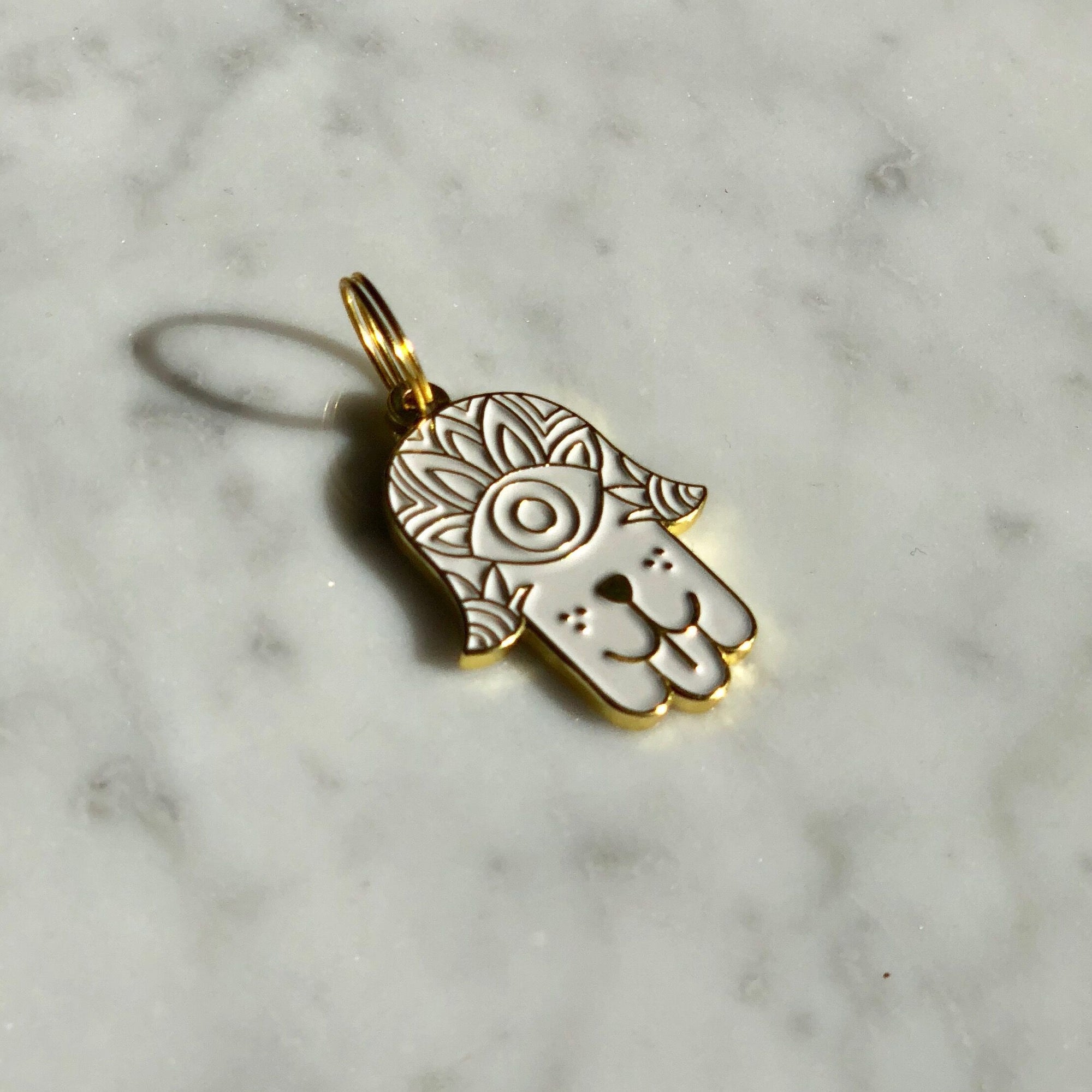 White Dog Hamsa Enamel Charm / ID Tag (Free Custom Engraving) Charms Two Tails